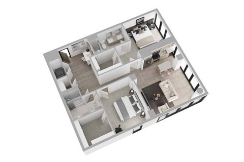 A 3D rendered image of a house layout.