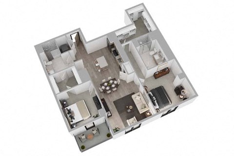 A top-down view of a house with a kitchen, living room, and bedrooms.