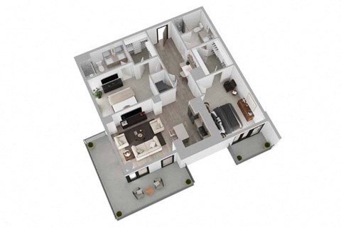 A 3D floor plan of a house with a kitchen, living room, and two bedrooms.