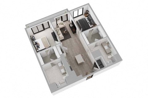 A top down view of a house with a kitchen, living room, and two bedrooms.