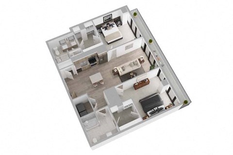 A 3D floor plan of a house with a kitchen, living room, and two bedrooms.