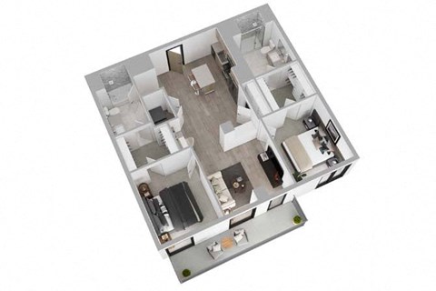 A top down view of a house with a kitchen, living room, and two bedrooms.