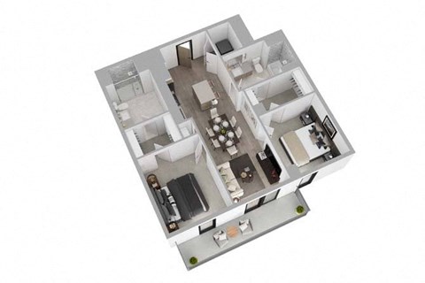 A 3D floor plan of a house with a kitchen, living room, and two bedrooms.
