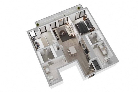 A top-down view of a house layout with a kitchen, living room, and two bedrooms.