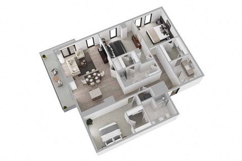 A 3D floor plan of a house with multiple rooms.