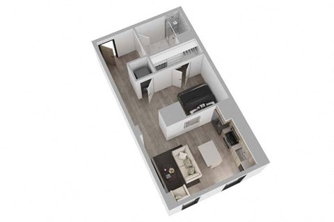 A top-down view of a small apartment layout.