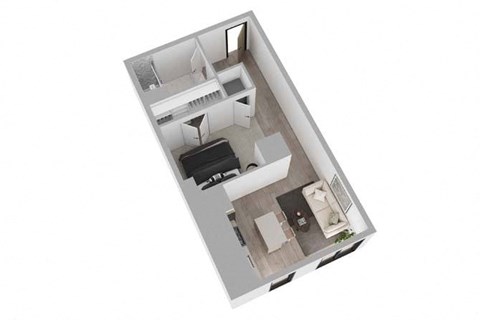 A top down view of a small apartment with a kitchen, living room, and bathroom.