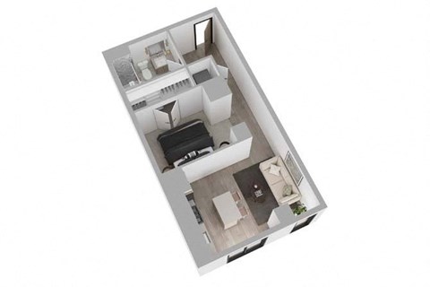 A top down view of a small apartment with a kitchen, living room, and bathroom.