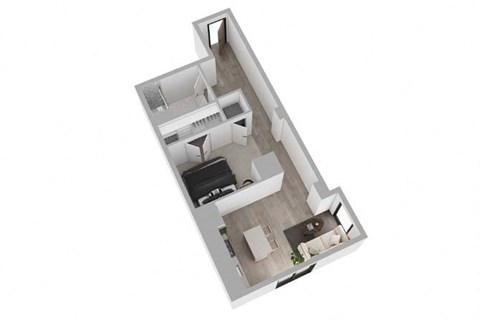 A top down view of a house interior with a kitchen, living room, and bedrooms.