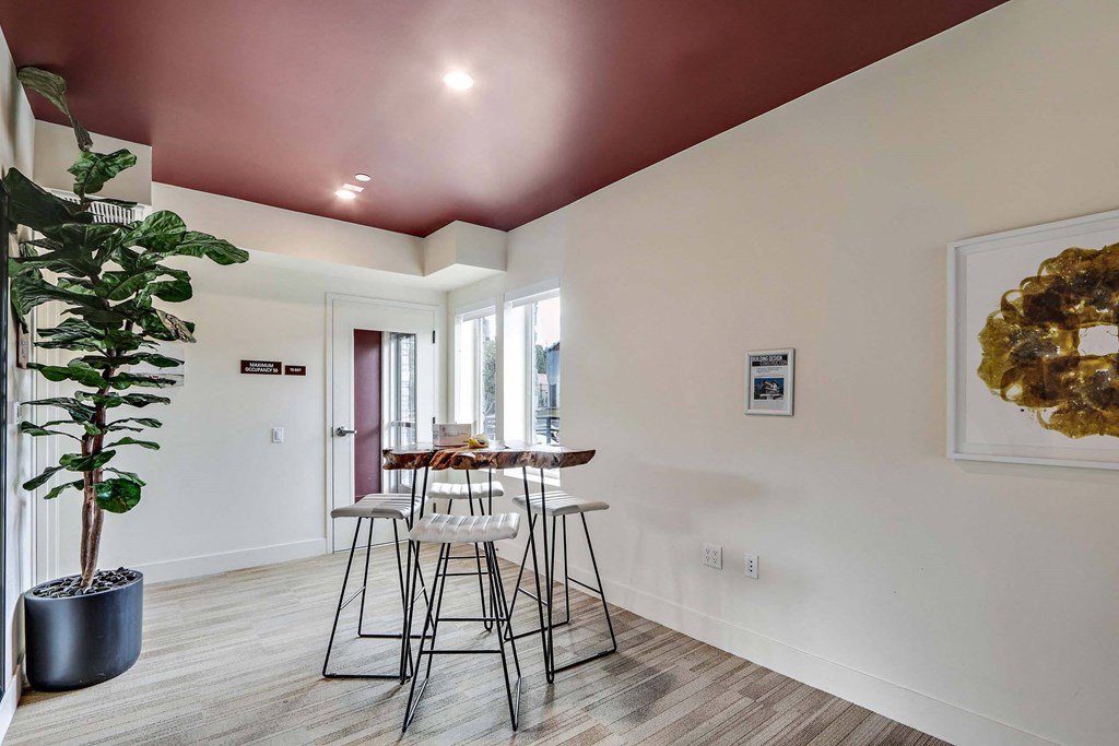 A room with a red ceiling and a plant in a black pot.