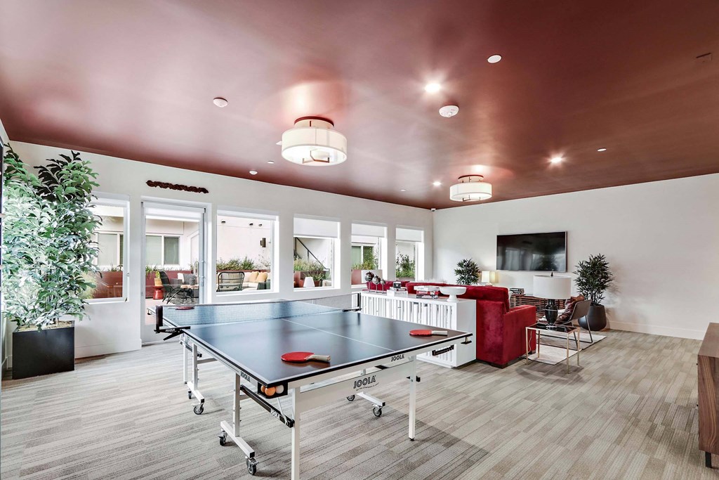 A ping pong table is in the middle of a room with a red couch and a TV.