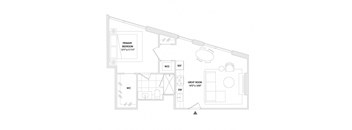 A floor plan of a house with a primary bedroom, a great room, and a workspace.