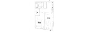 A floor plan of a house with a primary bedroom, a great room, and a workspace.