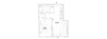 A floor plan of a house with a primary bedroom, a great room, a workspace, and a jacuzzi.