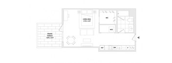 A floor plan of a house with a living area, private terrace, and a kitchen.