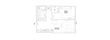 A floor plan of a room with a primary bedroom, a great room, and a W/D.