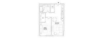 A floor plan of a home with a primary bedroom, a great room, a walk-in closet, and a workspace.