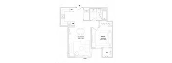 A floor plan of a house with a great room, primary bedroom, and a workspace.