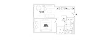 A floor plan of a house with a great room and a primary bedroom.