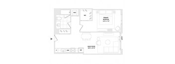 A floor plan of a house with a primary bedroom, a great room, and a WC.