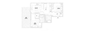 A floor plan of a house with a great room, private room, and a foyer.