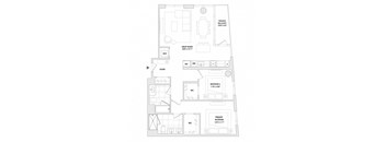A floor plan of an apartment with a private balcony and a foyer.