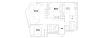 A floor plan of a house with three bedrooms and a great room.