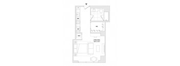 A floor plan of a living area with a kitchen and bathroom.
