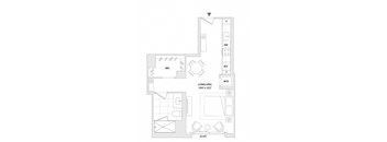 A floor plan of a living area with a kitchen and bathroom.