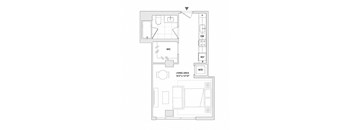 A floor plan of a living area with a WC and a reference point.