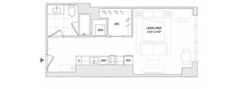 A floor plan of a living area with a kitchen, dining area, and bathroom.