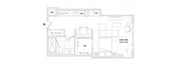A floor plan of a living area that is 15 feet by 15 feet.