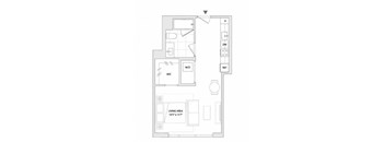 A floor plan of a living area with a kitchen, bathroom, and dining area.