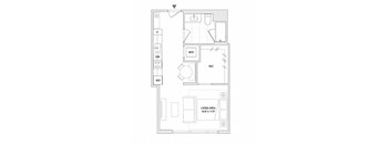 A floor plan of a living area with a kitchen and a bathroom.