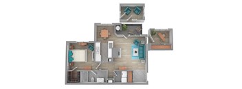 A 3D floor plan of a house with multiple rooms.