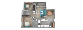 A top-down view of a house layout with a kitchen, living room, and bedrooms.