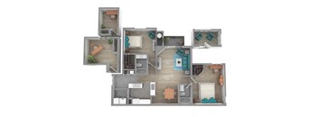 A 3D floor plan of a house with multiple rooms and furniture.