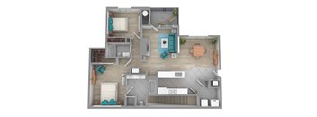 A floor plan of a house with a kitchen, living room, and two bedrooms.