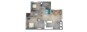 A 3D rendered image of a house layout.