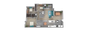 A 3D rendered image of a house layout.