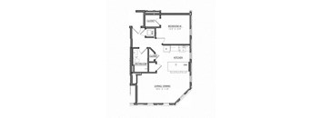 A floor plan of a small apartment with a bedroom, living room, and kitchen.
