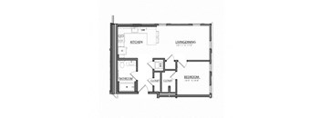 A floor plan of a small apartment with a kitchen, living room, and two bedrooms.