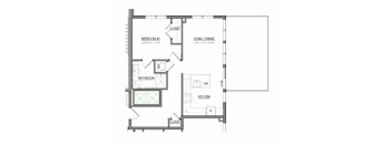 A floor plan of a house with a bedroom, bathroom, living/dining area, and kitchen.