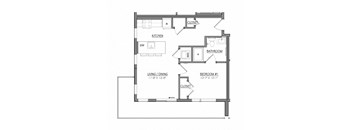 A floor plan of a small apartment with a living room, dining room, kitchen, and two bedrooms.