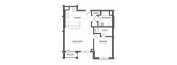 A black and white image of a floor plan for a small apartment.