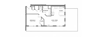 A floor plan of a small apartment with a bedroom, bathroom, kitchen, and living/dining area.