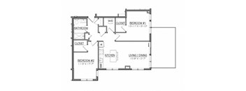 A floor plan of a small apartment with two bedrooms, a living/dining area, a kitchen, a bathroom, and a closet.