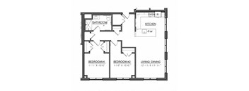 A floor plan of a house with a living room, dining room, kitchen, and two bedrooms.