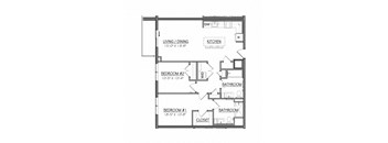 A floor plan of a home with a living room, two bedrooms, a kitchen, and two bathrooms.