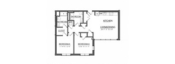 A black and white image of a floor plan for a small apartment.